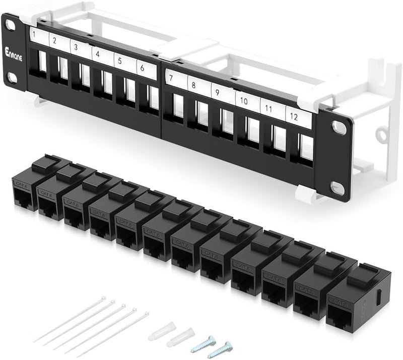 Enmane 12 Port Patch Panel CAT6 Keystone Patch Panel (EC Listed) Wall Mount 10 Inch Bracket Included for Cat6, Cat5e, Cat5 Cabling (1U CAT6) - Image 1